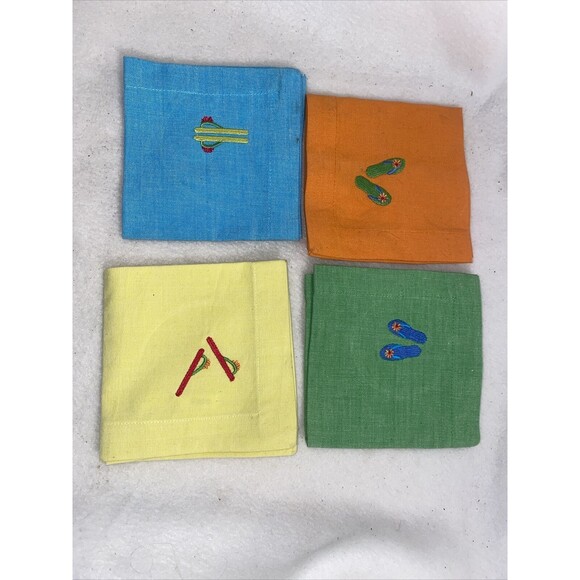 Tag Summer Cocktail Drink Cotton Napkins Flip Flop Beach Ocean 10x10 Set of 4 - Picture 1 of 8